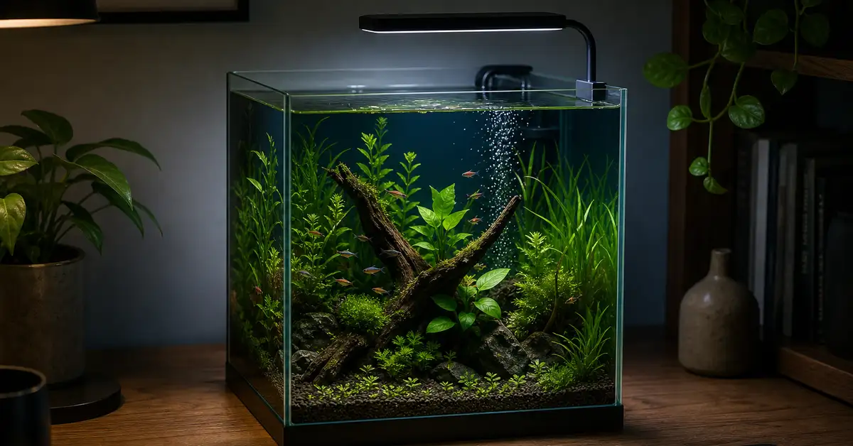 A small planted nano aquarium suitable as a compact betta tank setup