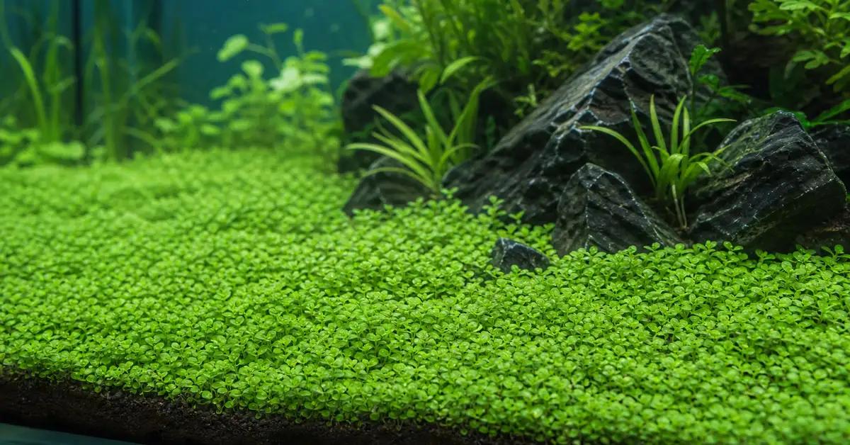 A lush green foreground carpet plant covering the substrate of a planted aquarium