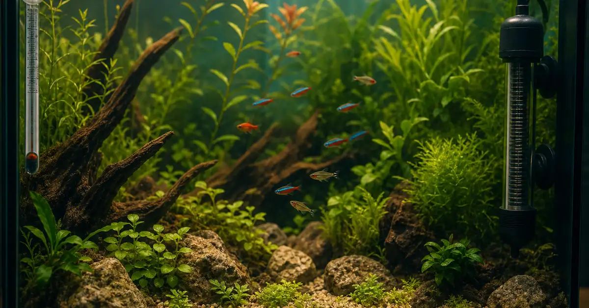 A thermometer and heater in a warm, softly lit planted freshwater aquarium with tropical fish