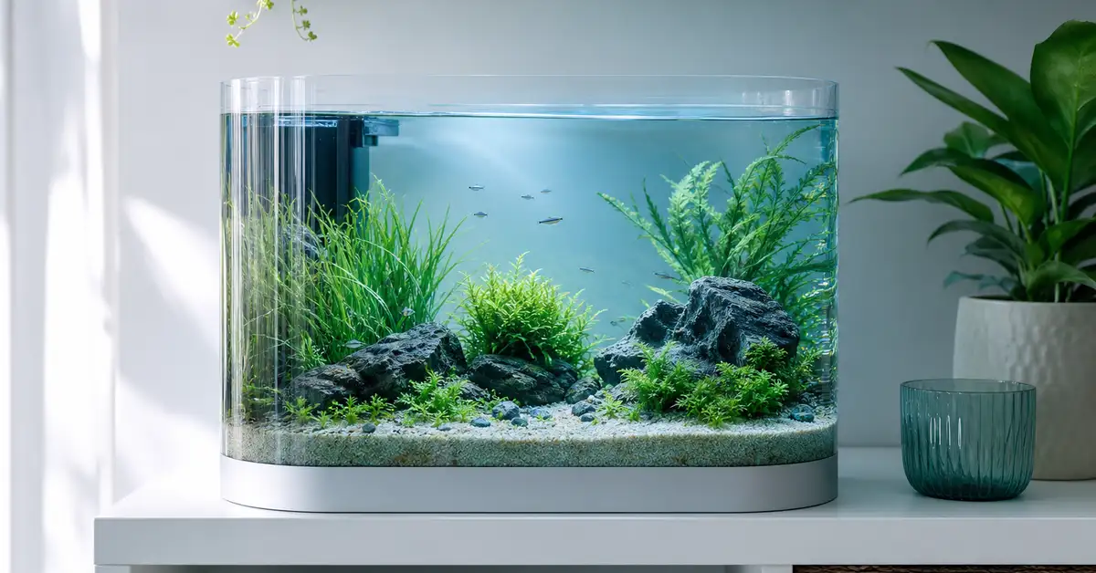 A lightweight acrylic aquarium with rounded front corners on a bright shelf