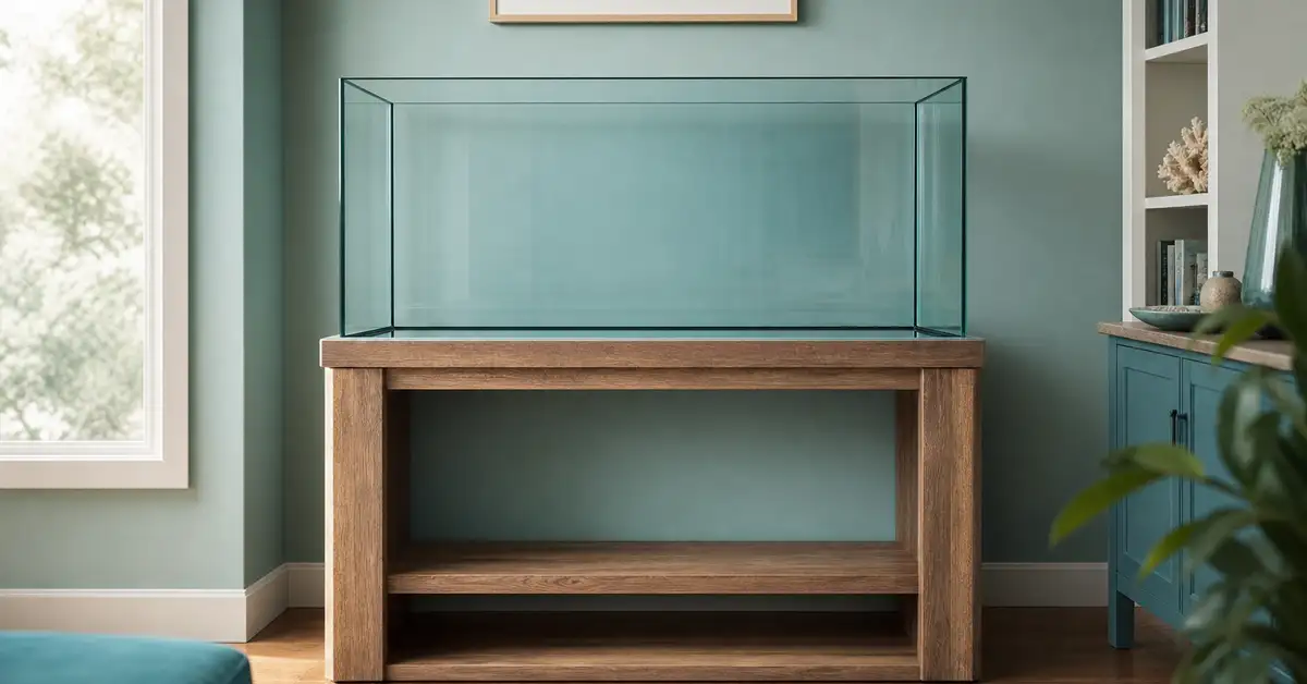 A bare 10-gallon glass aquarium on a stand, empty and ready for substrate and equipment