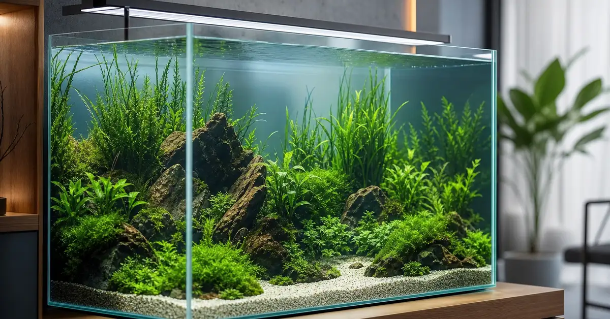 A rimless low-iron glass aquarium with an aquascape of plants and clear water