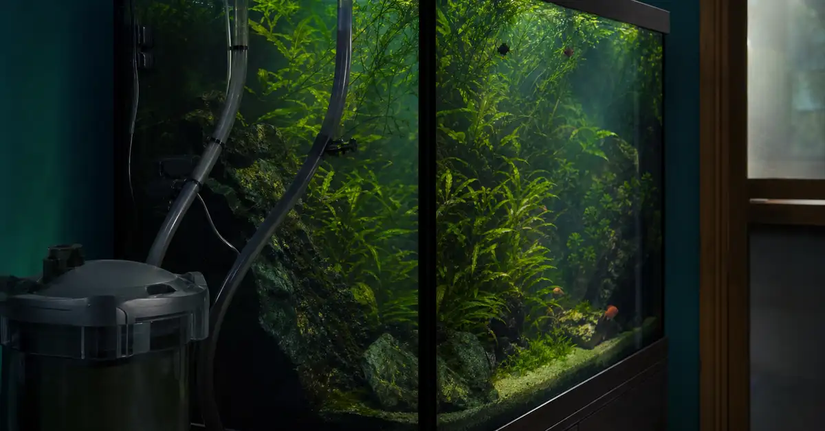 Unbranded filter tubing running into a large, well-planted freshwater aquarium