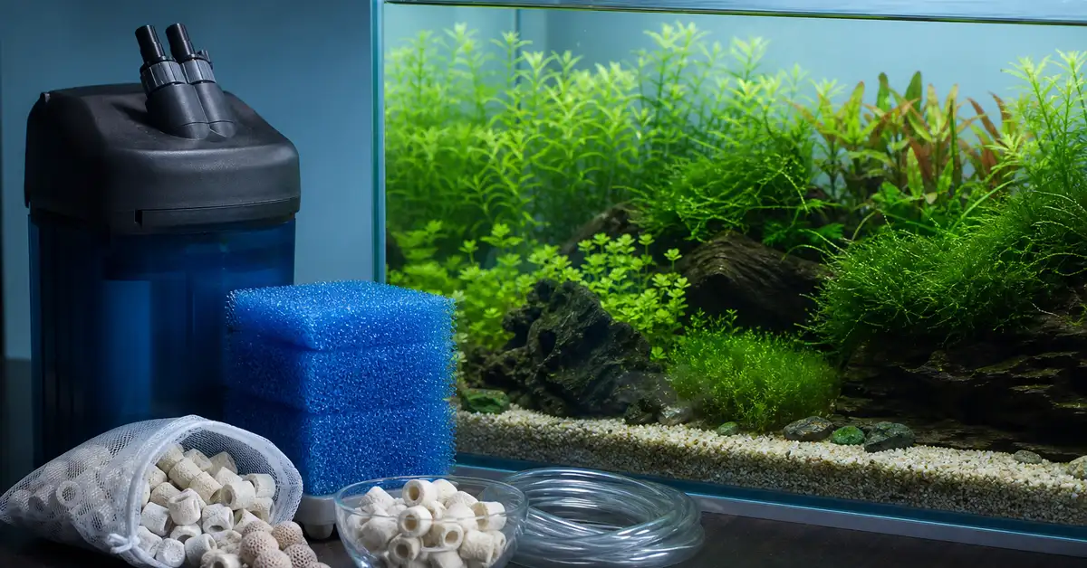 An assortment of generic aquarium filter equipment near a clear, softly lit planted freshwater aquarium