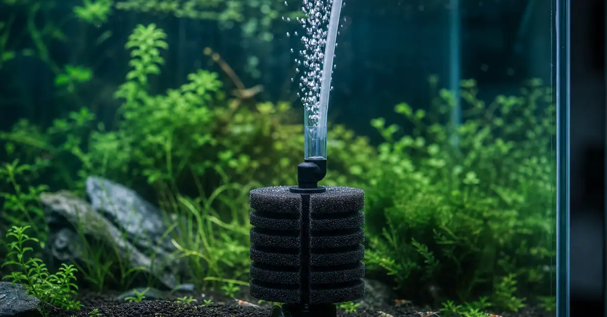 A small, gentle air-driven sponge filter with fine bubbles rising in a nano freshwater tank