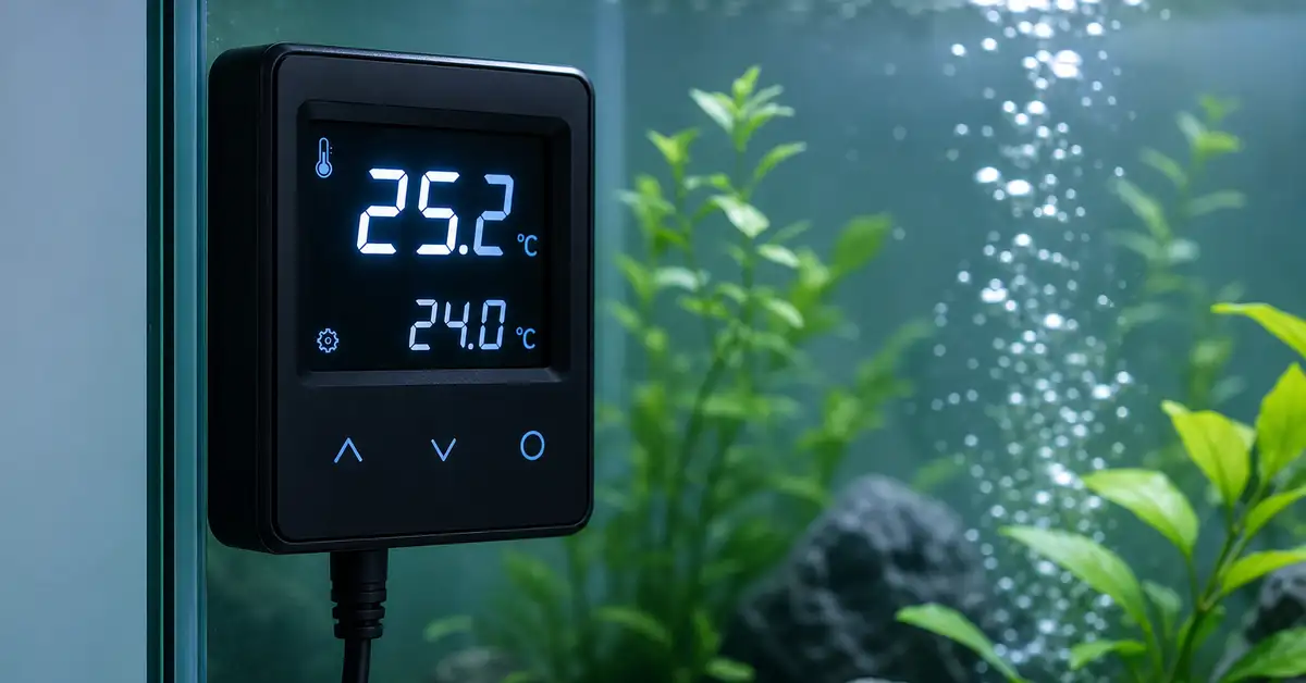 A digital aquarium heater controller display showing current and target temperature