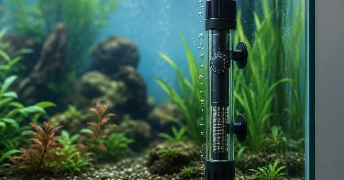A submersible aquarium heater installed in a planted freshwater tank near the substrate