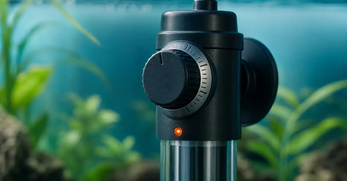 Close-up of a mechanical aquarium heater dial and indicator light