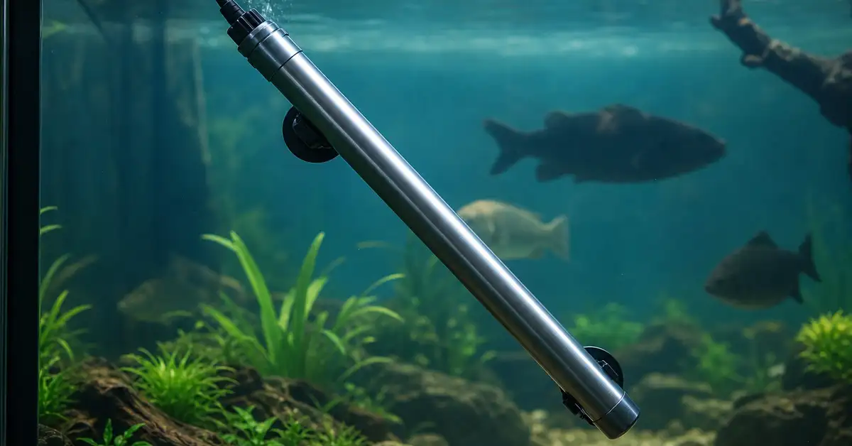 A titanium aquarium heater tube installed in a freshwater tank