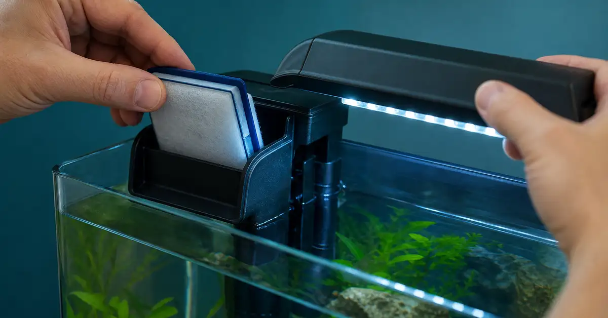 Close-up of an aquarium filter cartridge and LED hood being installed on a beginner starter kit tank