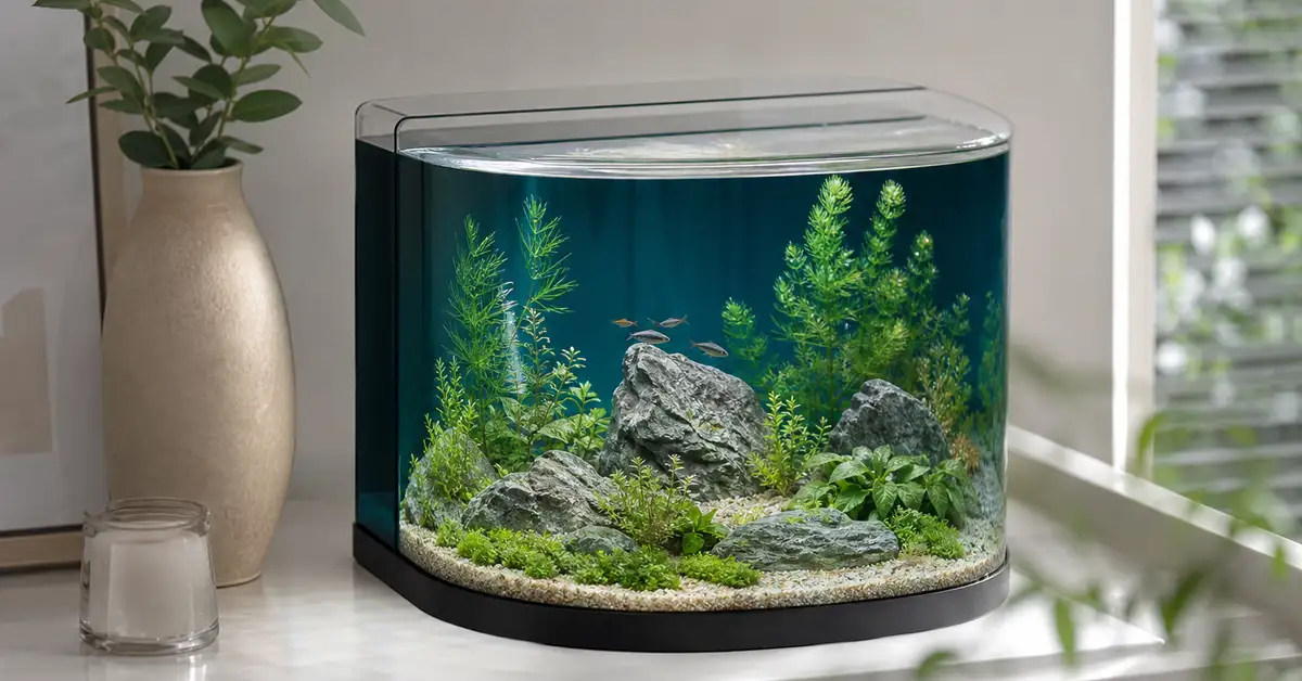 A small curved-glass acrylic aquarium with integrated filtration on a bright shelf