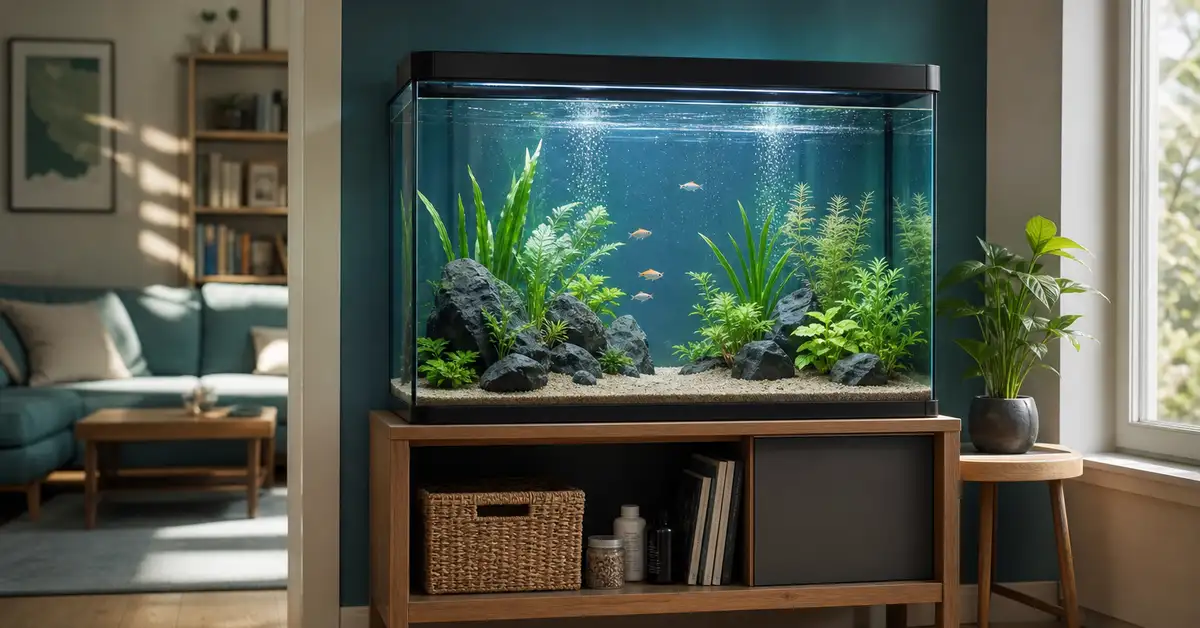 A beginner all-in-one aquarium starter kit set up on a stand in a bright room, with visible filter and LED hood