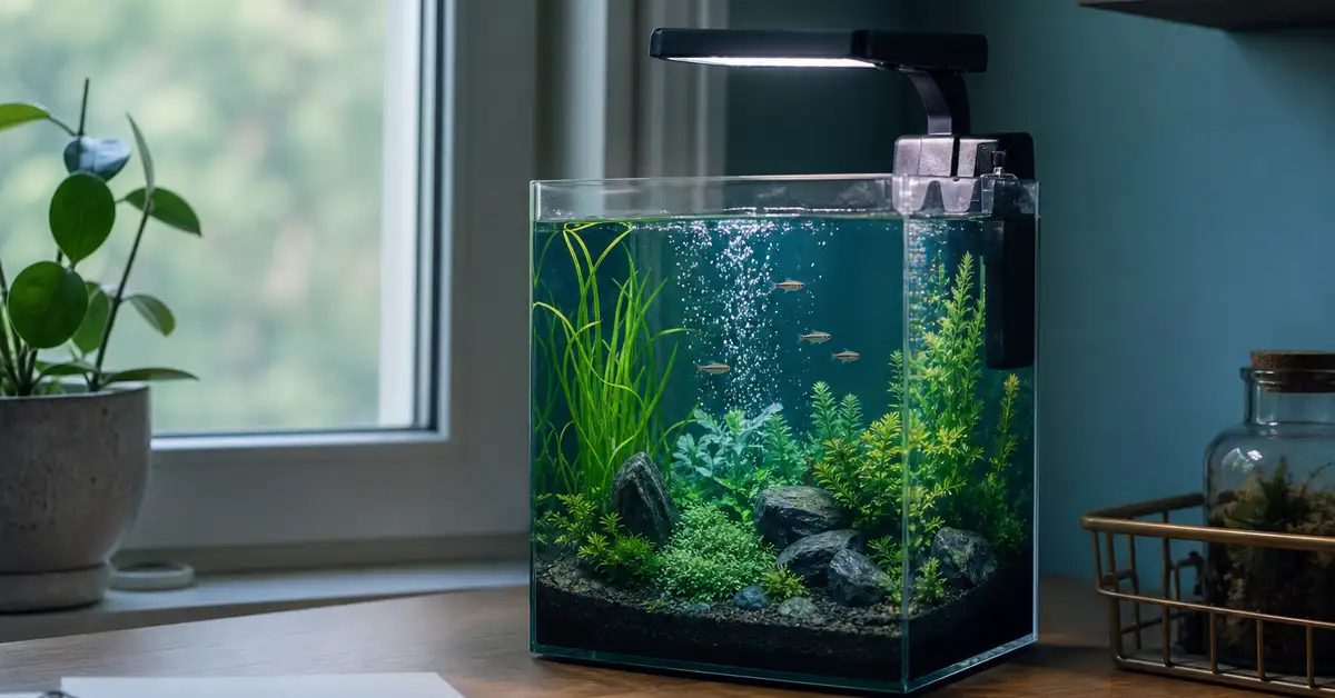 A small nano desktop aquarium kit with a clip-on LED light sitting on a desk