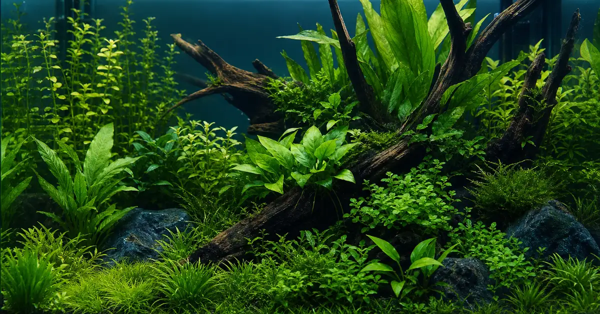 A lush beginner-friendly planted freshwater aquarium with easy low-light aquatic plants