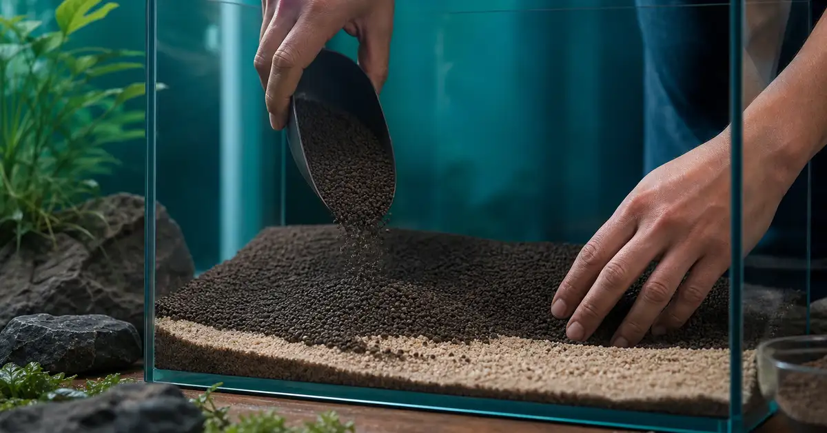 Aquascaping substrate and gravel being layered in a freshwater aquarium before filling with water