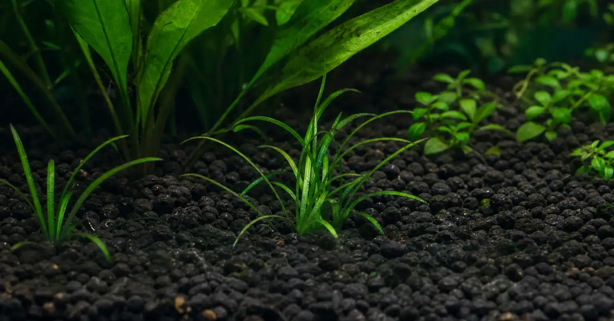 Dark planted aquarium soil substrate with green aquatic plants rooted into it