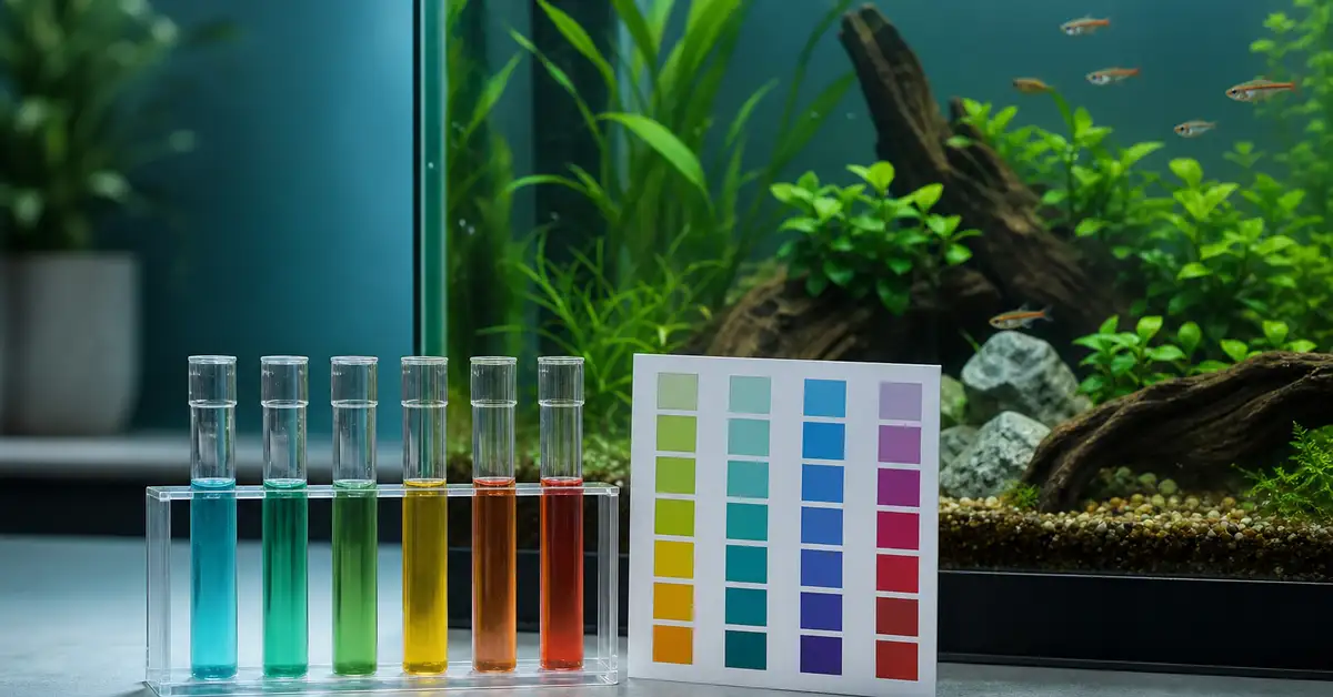 Aquarium water test tubes with a color reference chart next to a planted freshwater tank