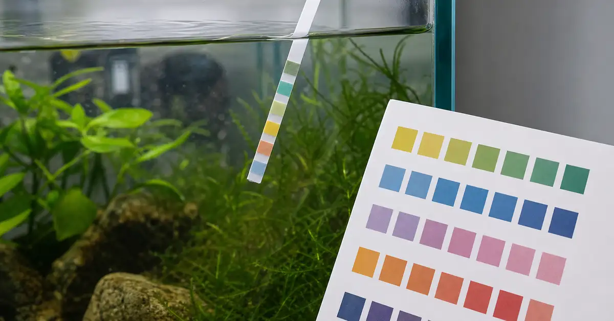 Aquarium test strips being dipped and compared against a color chart
