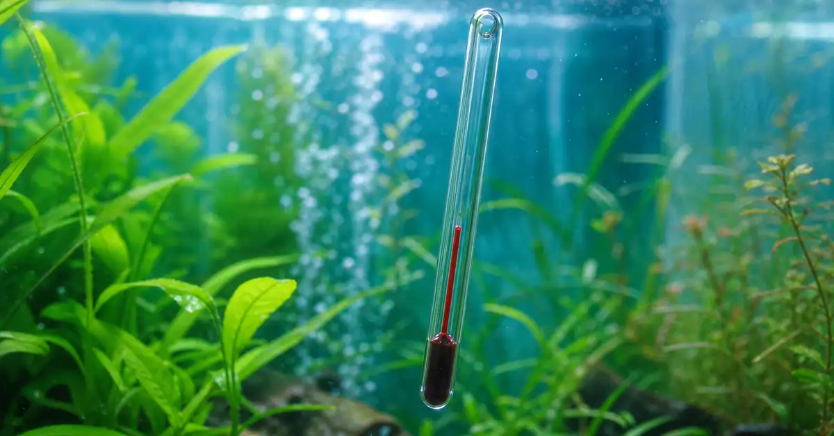 A floating glass thermometer in a planted freshwater aquarium