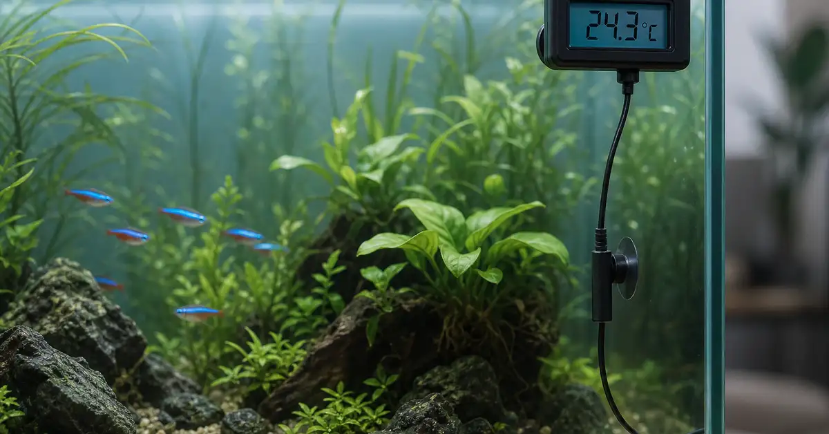A digital aquarium thermometer probe and display next to a planted freshwater tank