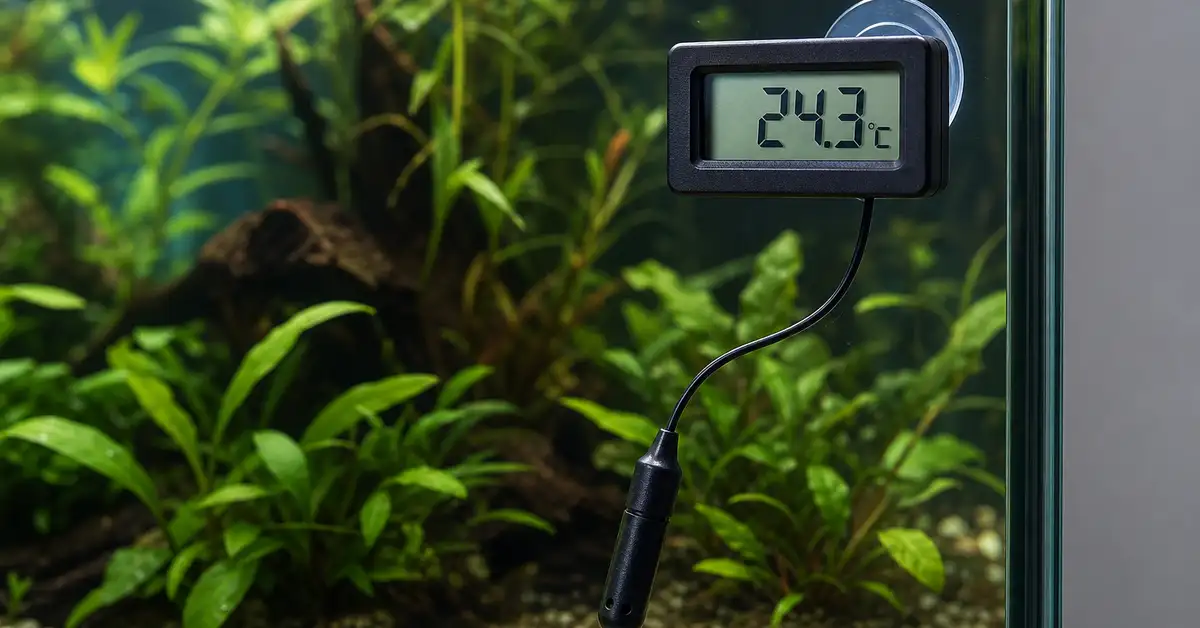 A submersible digital aquarium thermometer probe with an external LCD display mounted on a fish tank