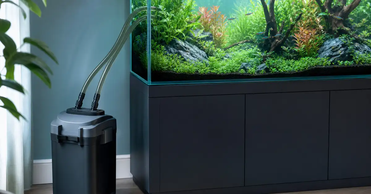 A generic external canister filter beside a large, well-planted freshwater aquarium with hoses running into the tank