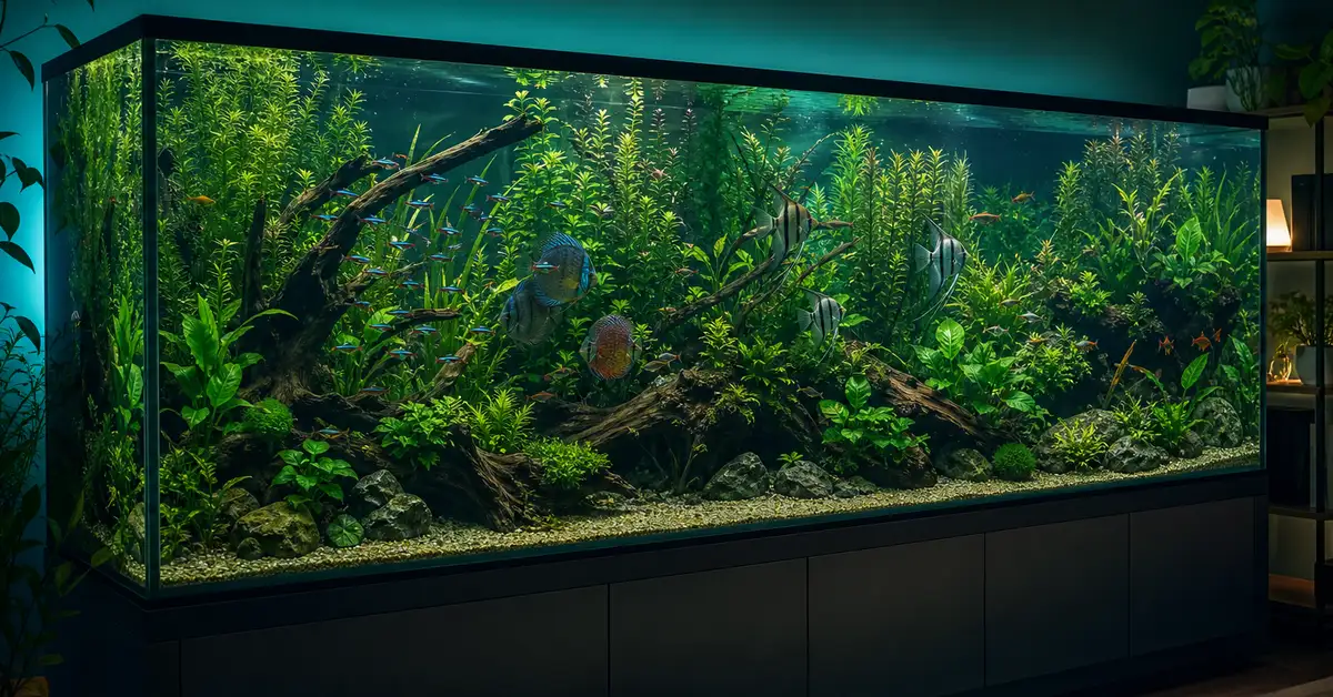 A large, heavily-stocked and well-planted freshwater aquarium suited to a high-capacity canister filter