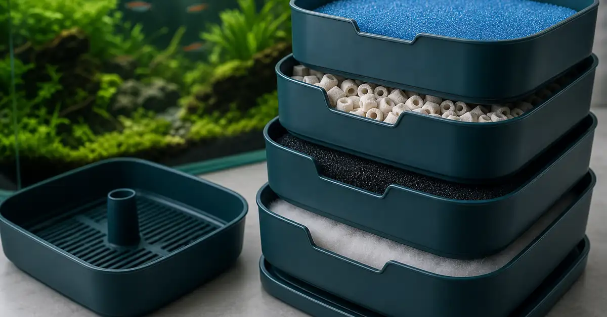 Close-up of stacked canister filter media baskets with foam, ceramic bio rings and filter floss