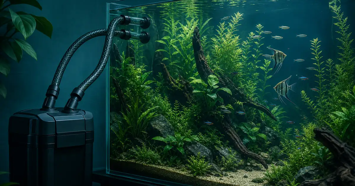 Canister filter intake and output tubing running into a large planted freshwater aquarium