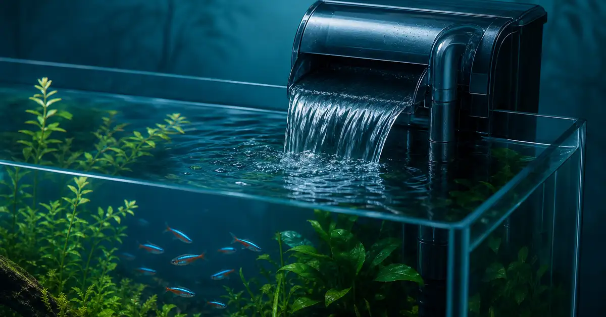 A hang-on-back power filter mounted on the rim of a freshwater aquarium