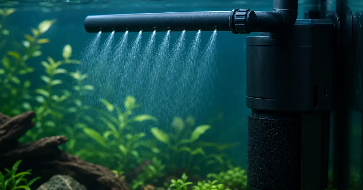 A compact internal aquarium filter submerged in a planted betta tank