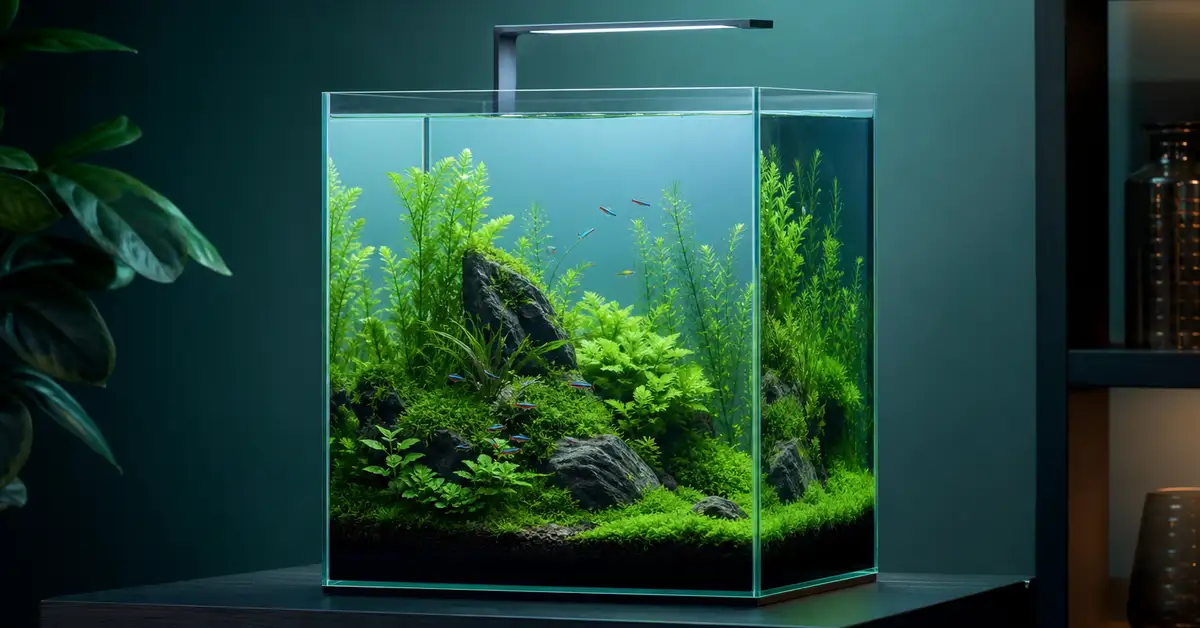A premium rimless nano cube aquarium with crystal clear glass and a lush aquascape