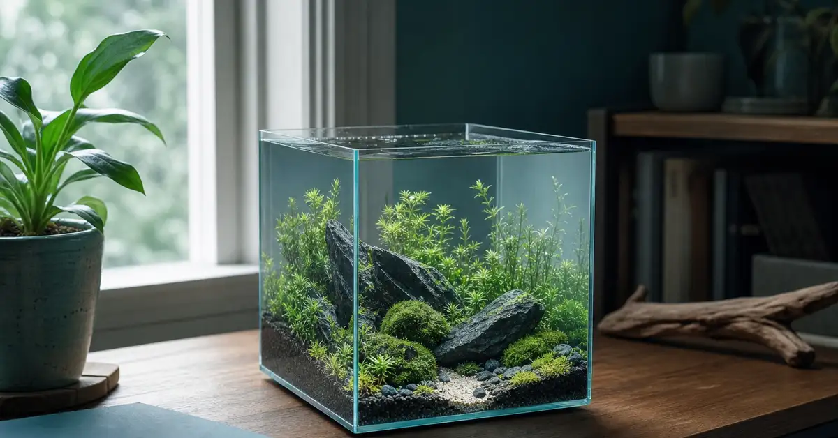 A small nano aquarium with a rimless design and gentle aquascape on a desk