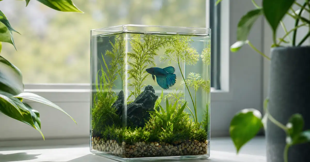 A very small one-gallon nano cube aquarium on a windowsill with a single betta fish