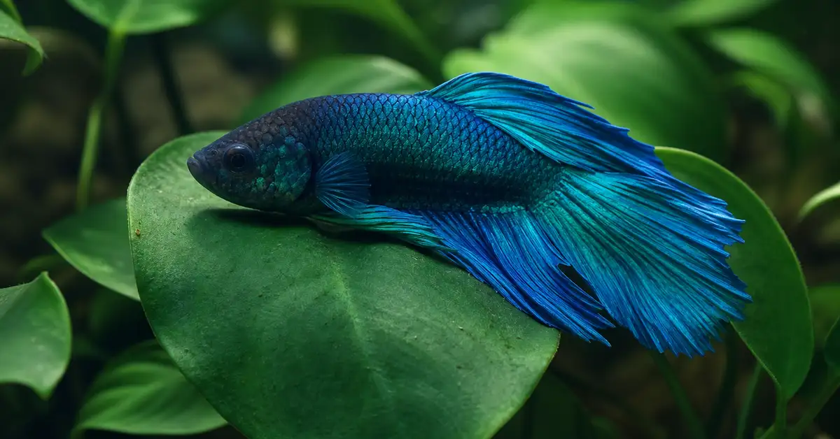 A betta fish resting near a broad soft leaf close to the water's surface