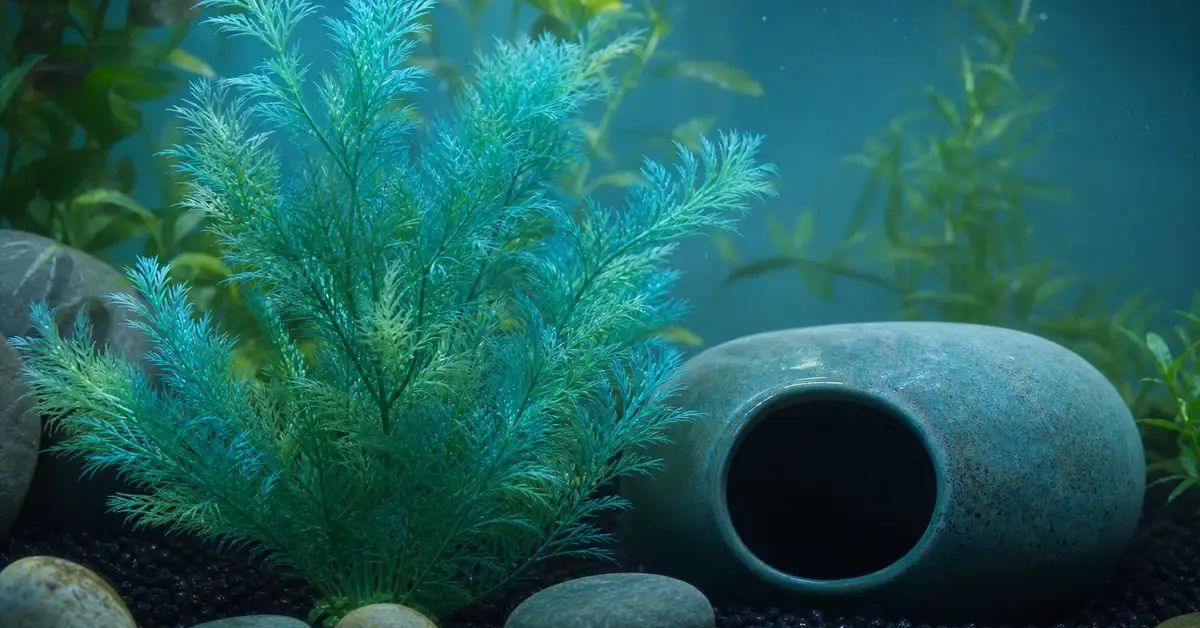A soft silk aquarium plant beside a smooth ceramic cave decoration