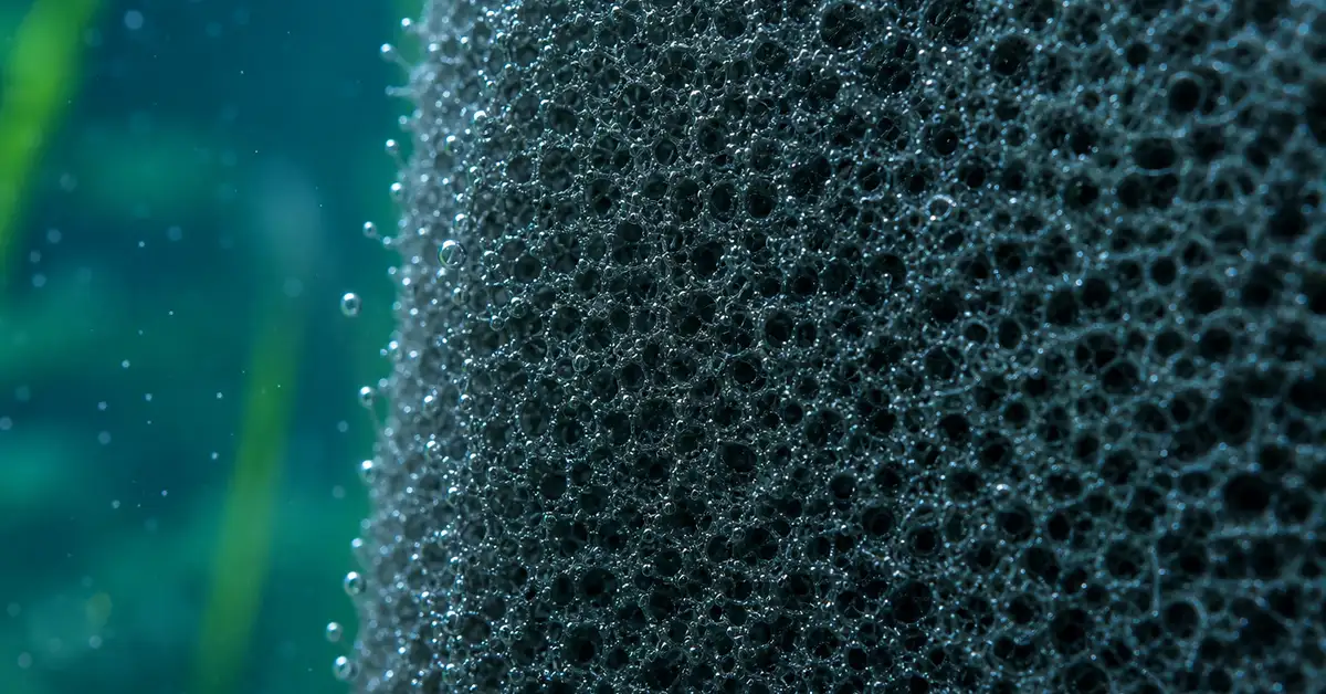 Close-up of coarse open-cell sponge filter foam texture with fine air bubbles