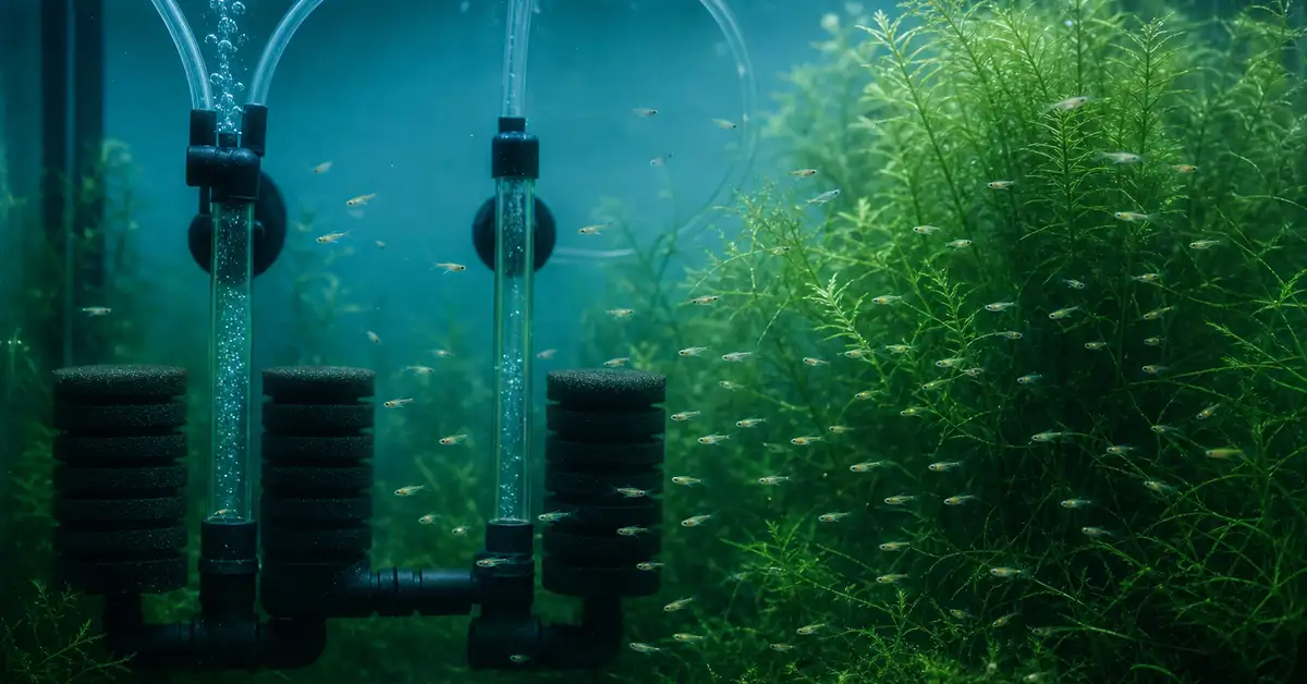 A dual sponge filter setup with air tubing in a fry breeding tank with dense plants