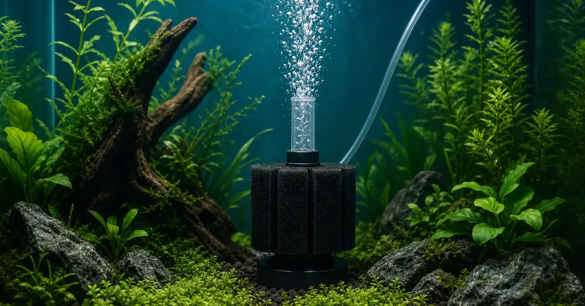 A generic air-driven sponge filter with fine bubbles in a small, calm, well-planted freshwater aquarium