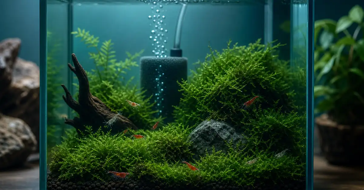 A tiny nano freshwater aquarium with shrimp and dense moss, with a small sponge filter in the background