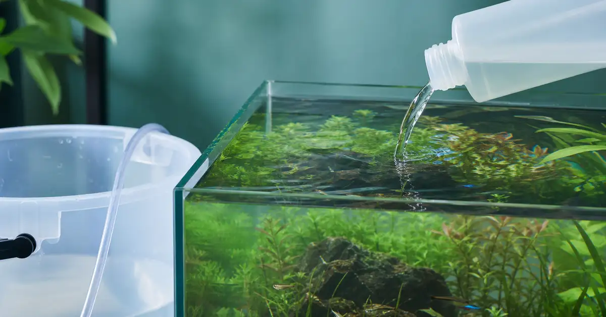 A bottle of water conditioner being added to a freshwater aquarium during a water change