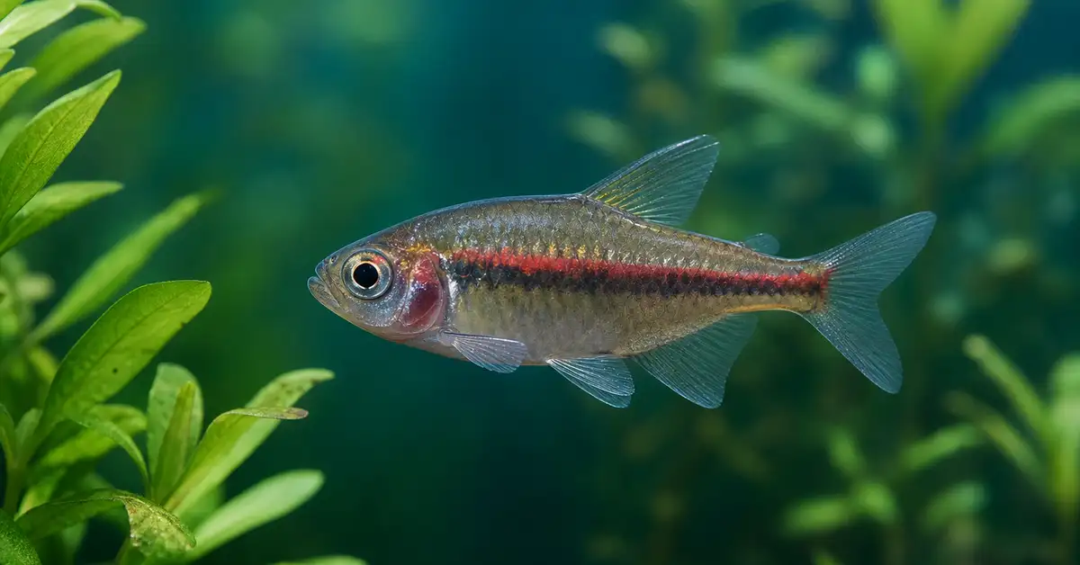 A healthy fish with a visible slime coat swimming in a planted freshwater aquarium