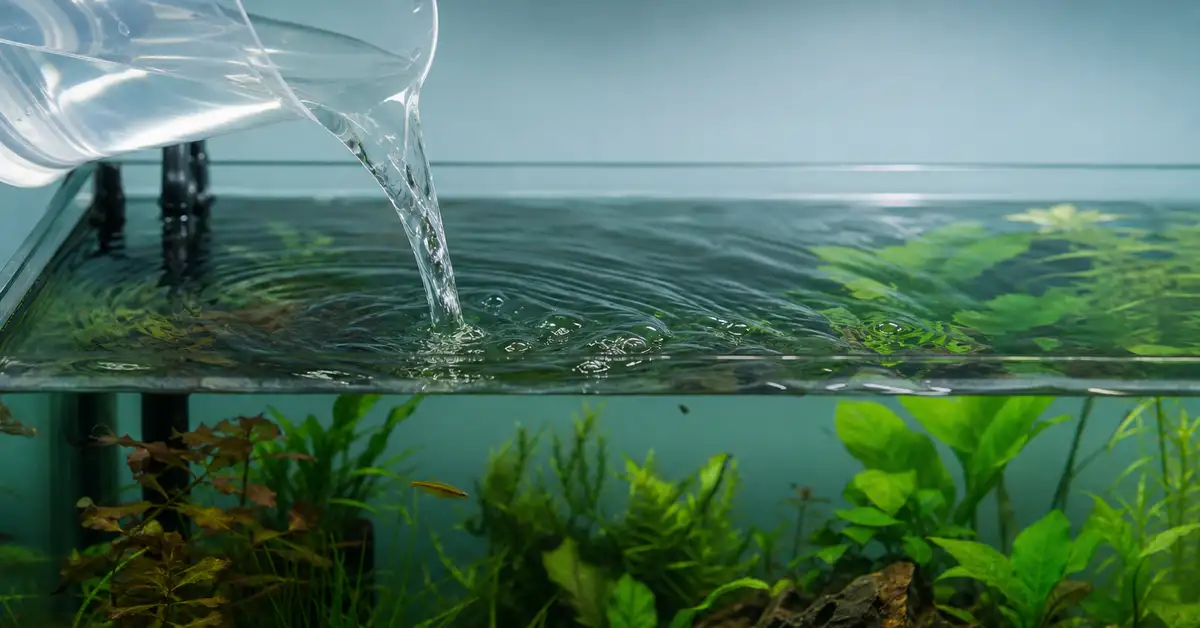 Fresh conditioned water being added to an aquarium during a routine water change
