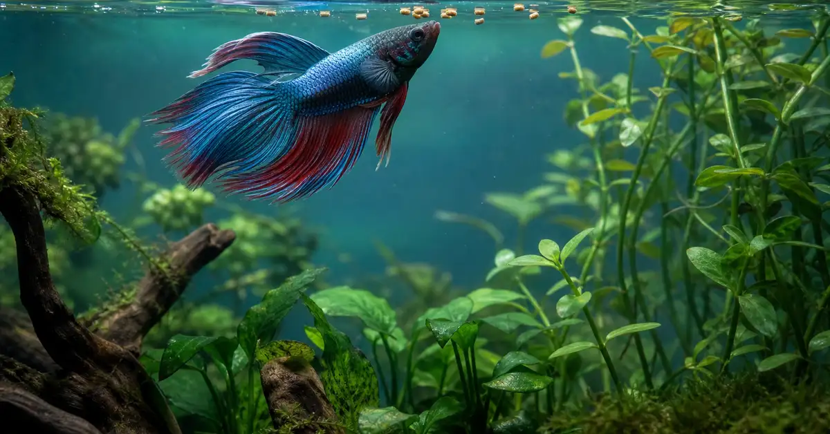 Fish food pellets floating on the surface of a calm planted aquarium