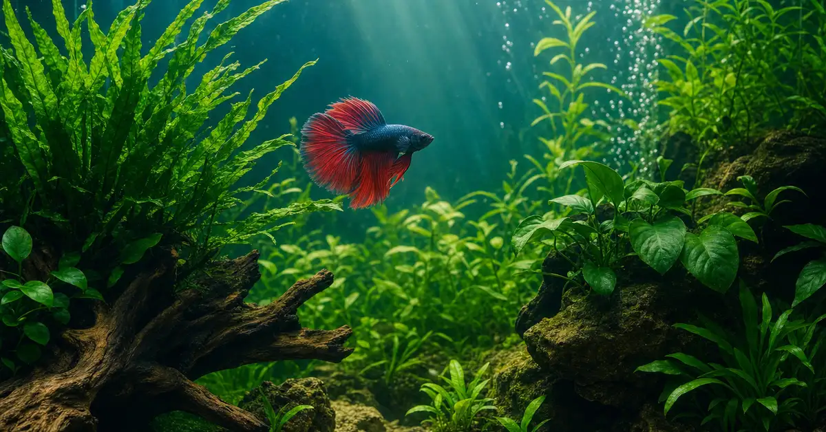 A betta fish swimming in a softly lit, densely planted freshwater aquarium