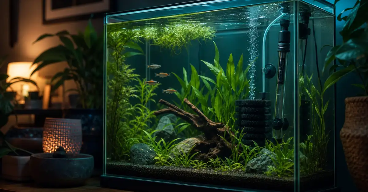 A newly set up freshwater aquarium with a heater, gentle filter and live plants