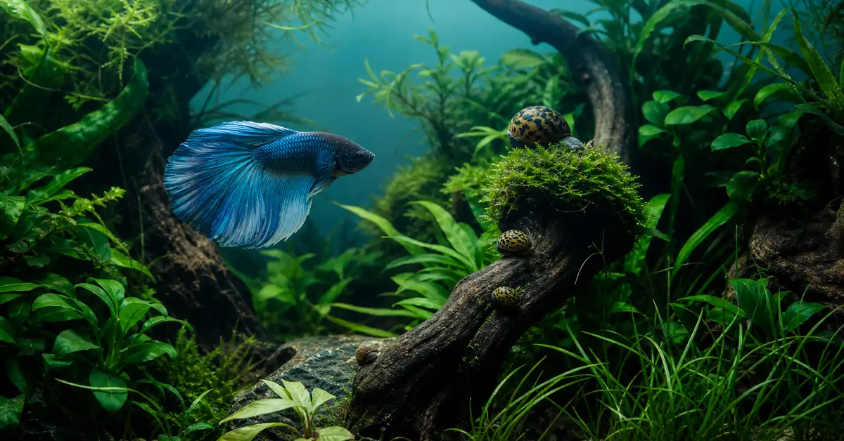 A small peaceful school of nano fish swimming together in a planted aquarium