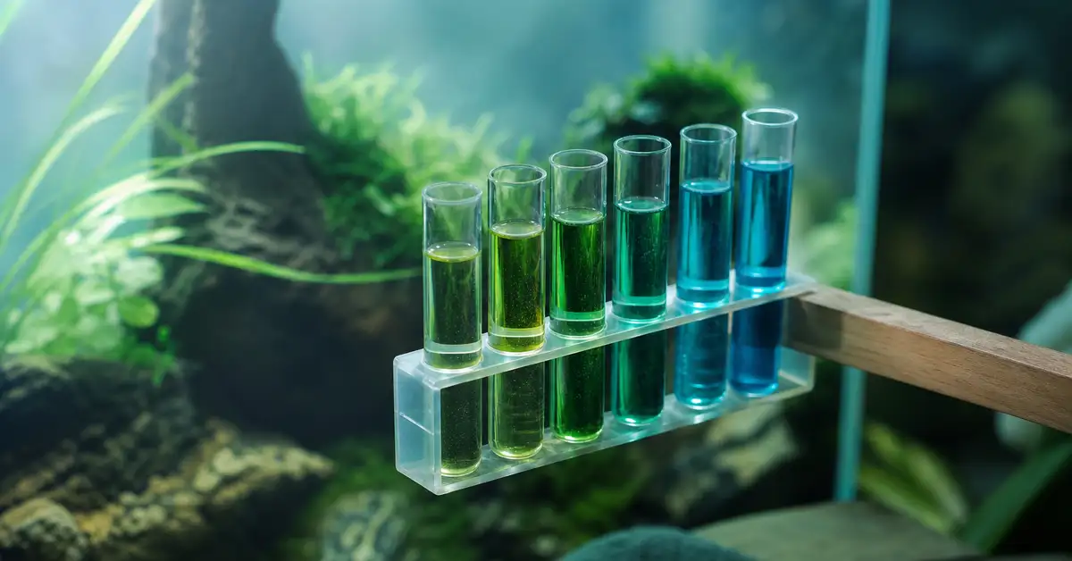 A glass test tube of aquarium water being checked against a color chart near a planted tank