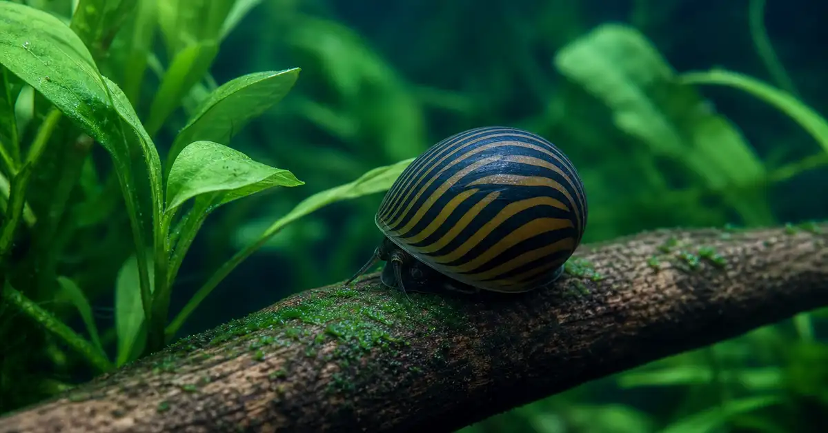 A nerite snail grazing on algae on aquarium glass
