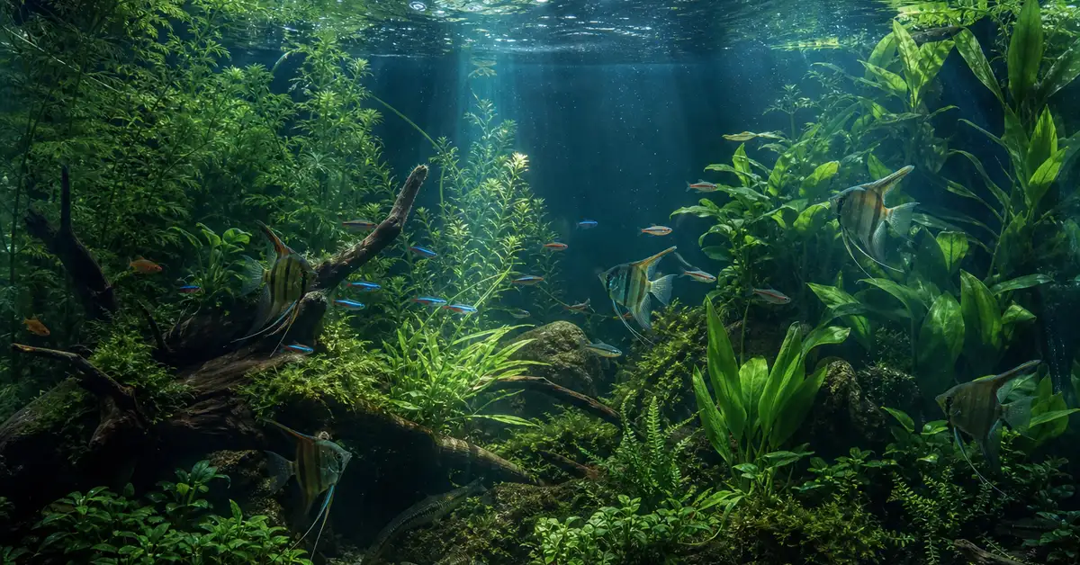 A wide view of a heavily planted community aquarium with varied fish